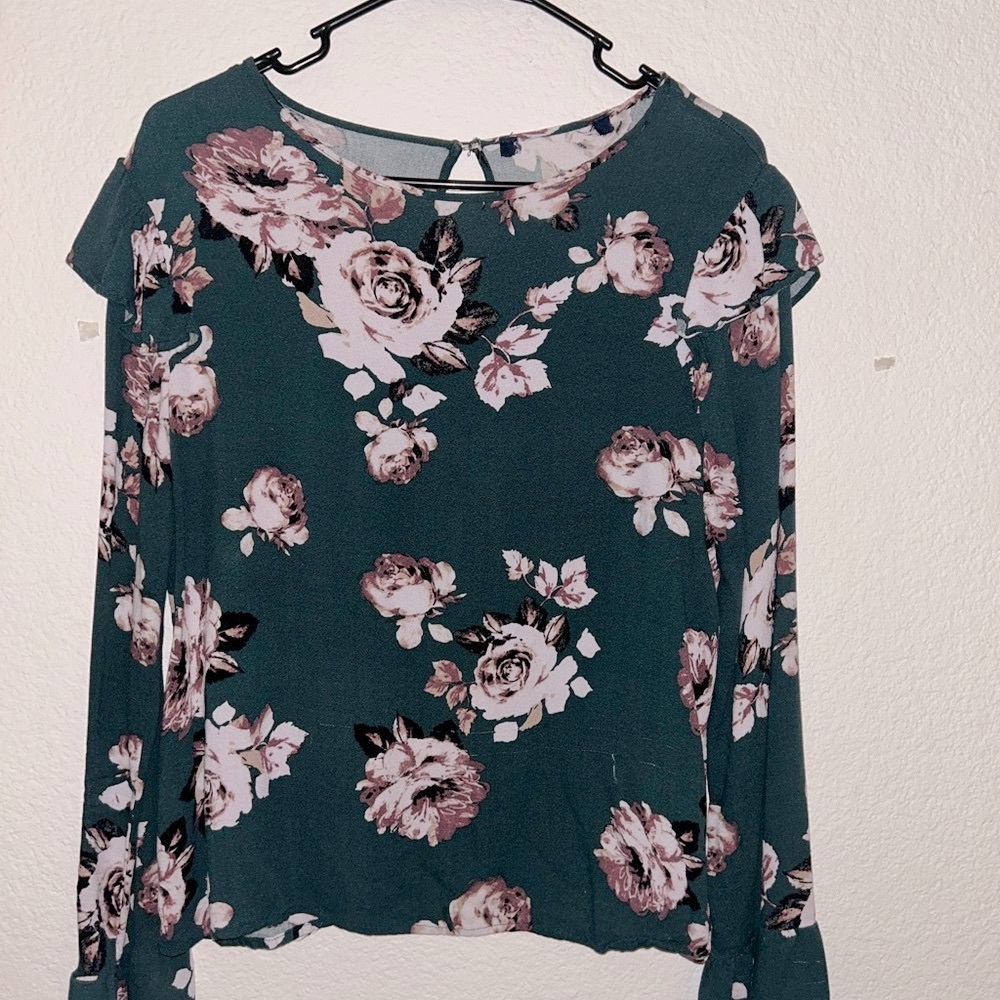 Green Floral Long Sleeve Blouse with Peter Pan Collar